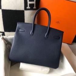 Hermes Birkin 35cm Bag In Dark Blue Clemence Leather GHW