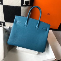 Hermes Birkin 35cm Bag In Blue Jean Clemence Leather GHW