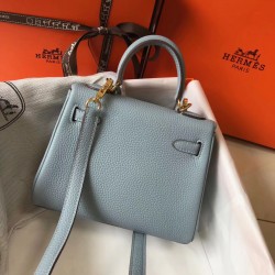 Hermes Kelly 20cm Bag In Blue Lin Clemence Leather GHW