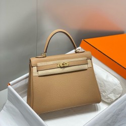 Hermes Kelly 25cm Retourne Bag In Chai Clemence Leather GHW