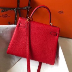 Hermes Kelly 25cm Retourne Bag In Red Clemence Leather