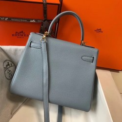 Hermes Kelly 25cm Retourne Bag In Blue Lin Clemence Leather