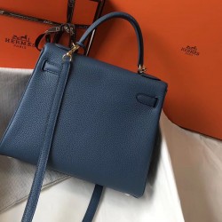 Hermes Kelly 28cm Bag In Blue Agate Clemence Leather GHW